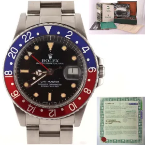RARE PAPERS Rolex GMT-Master Pepsi Blue Red Patina Steel 16750 40mm Watch Box