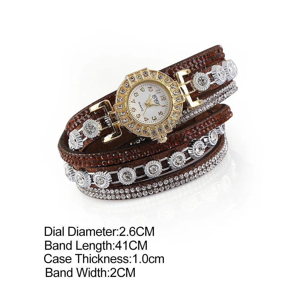 Red Double Wrap Bracelet White Crystals Watch