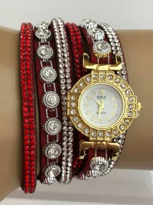 Red Double Wrap Bracelet White Crystals Watch