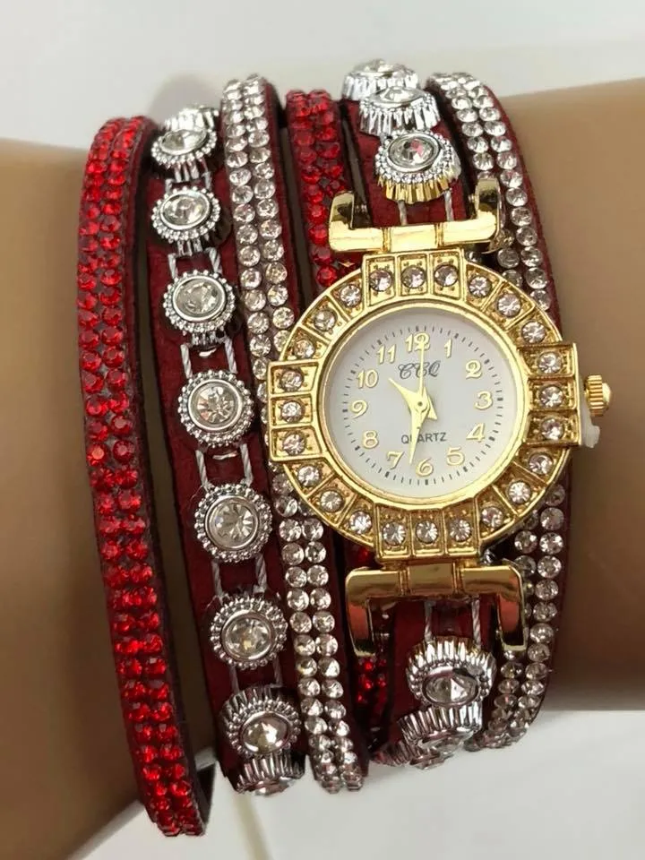Red Double Wrap Bracelet White Crystals Watch