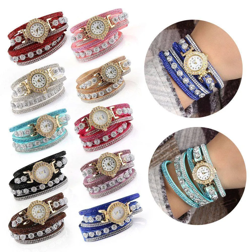 Red Double Wrap Bracelet White Crystals Watch