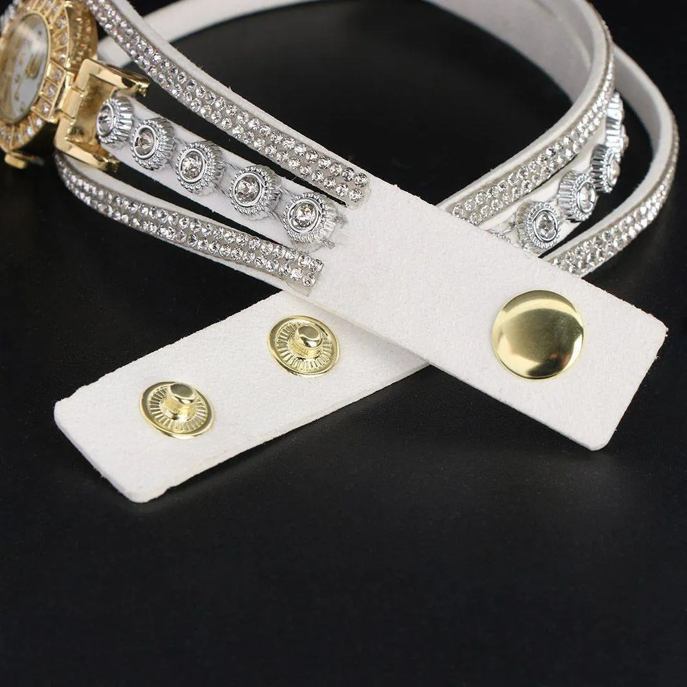 Red Double Wrap Bracelet White Crystals Watch