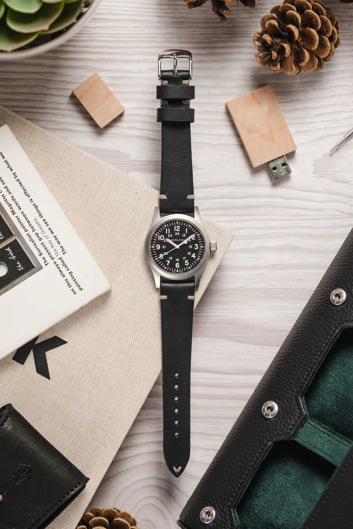 RIOS1931 WATTS Vintage Leather Watch Strap in BLACK