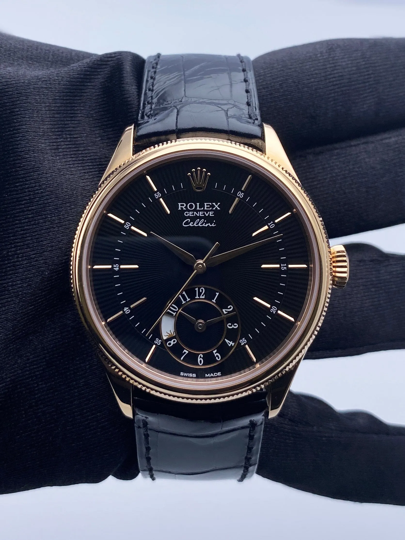 Rolex Cellini Dual Time 50525 18K Rose Gold Mens Watch Box Papers
