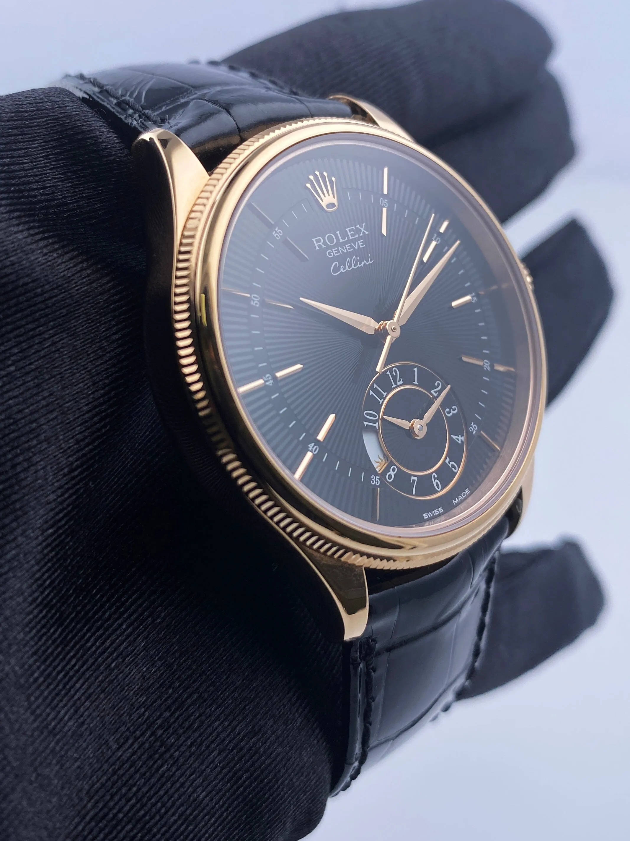 Rolex Cellini Dual Time 50525 18K Rose Gold Mens Watch Box Papers