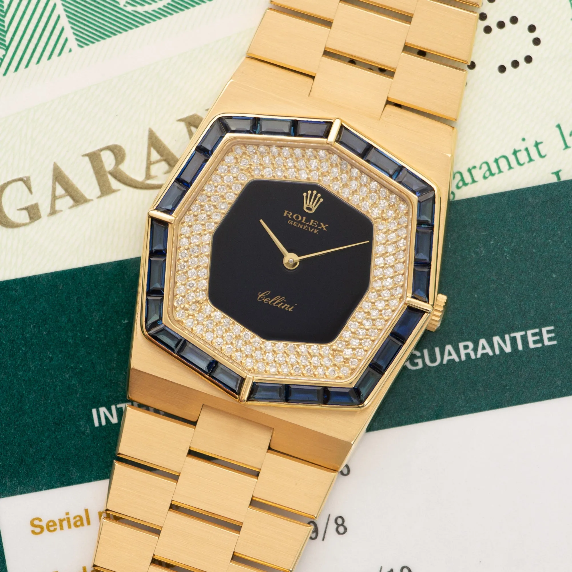 Rolex Cellini Yellow Gold with Sapphire Bezen and Diamond Dial Ref. 5019/8