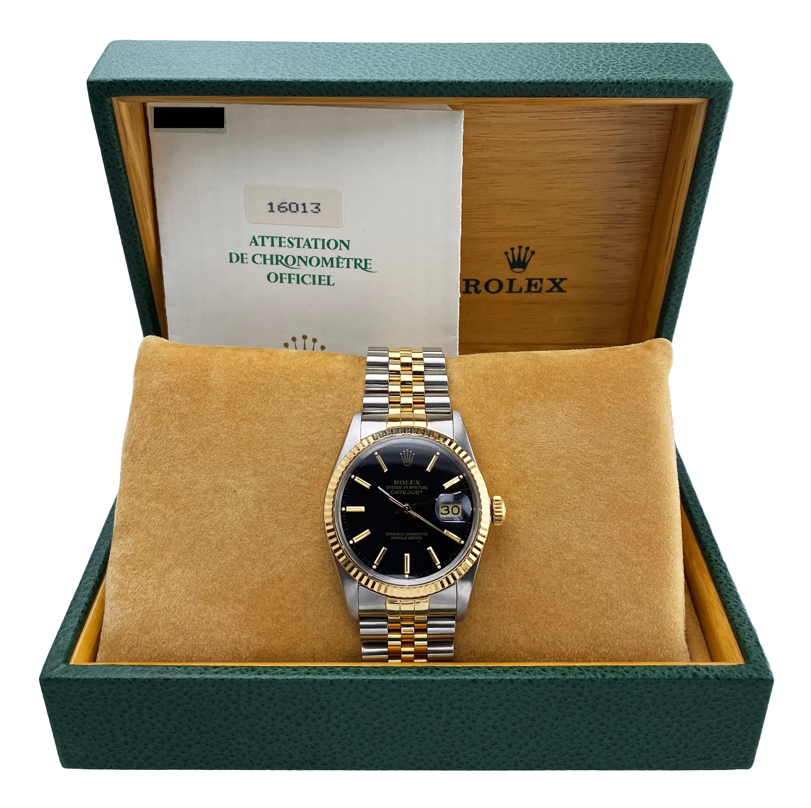 Rolex Datejust 16013 Black Dial Mens Watch Box Papers