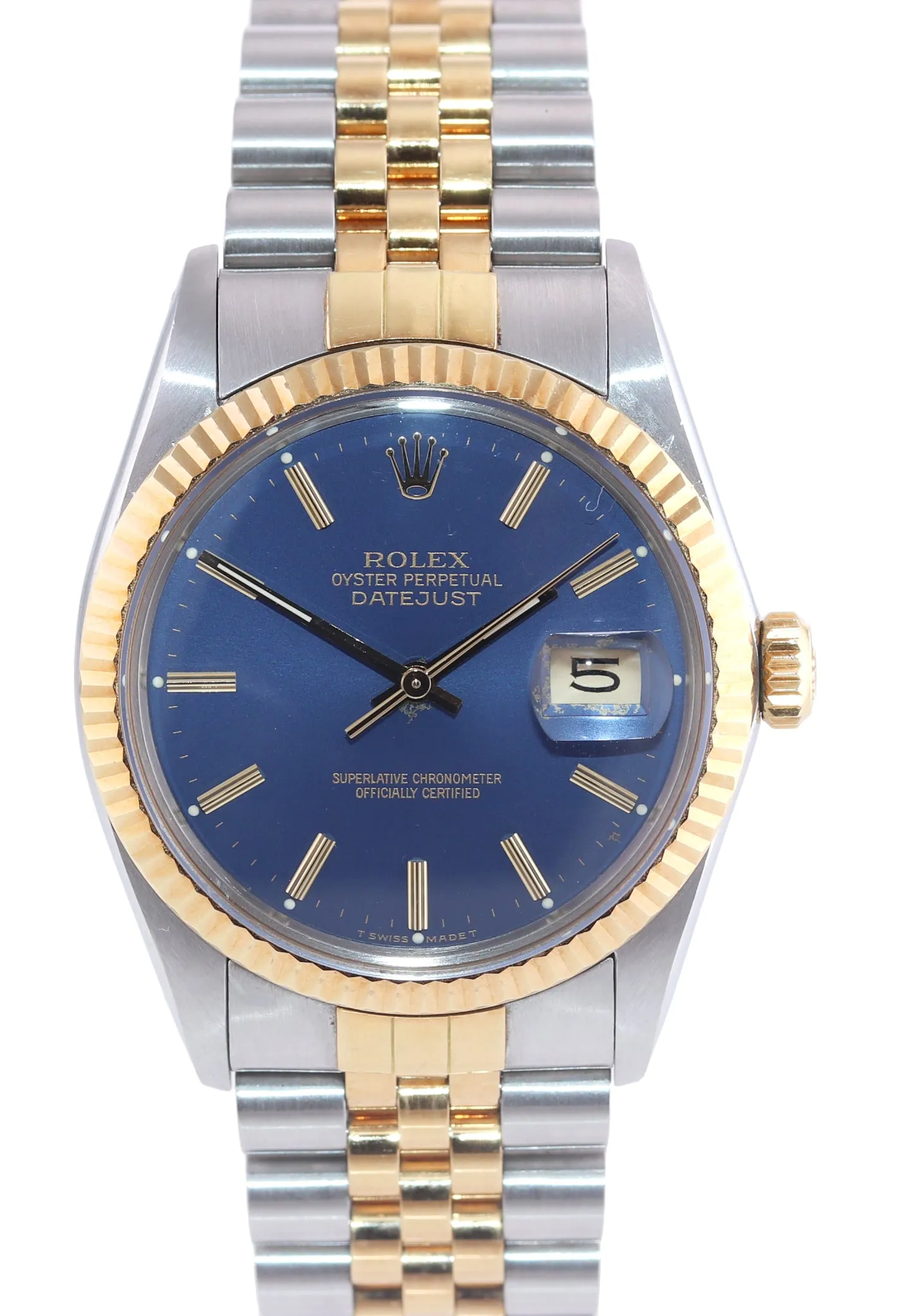 Rolex DateJust 16013 Two-Tone 18k Gold Steel Jubilee Blue Caseback Sticker Watch