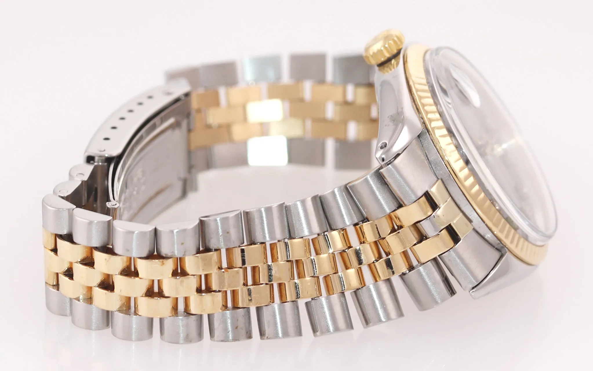 Rolex DateJust 1603 Steel Black Diamond Date Fluted 36mm Two Tone Gold Watch Box