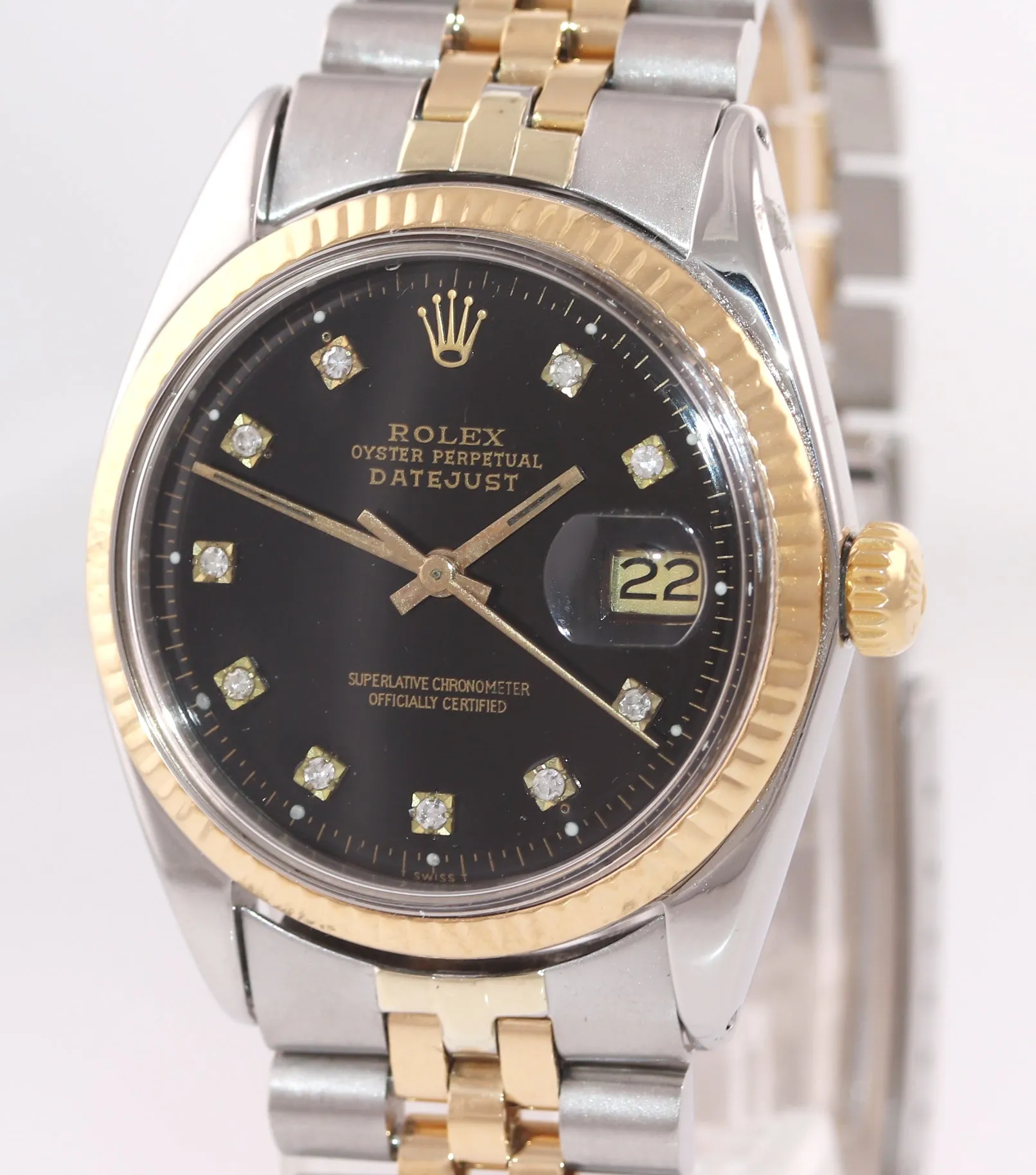 Rolex DateJust 1603 Steel Black Diamond Date Fluted 36mm Two Tone Gold Watch Box