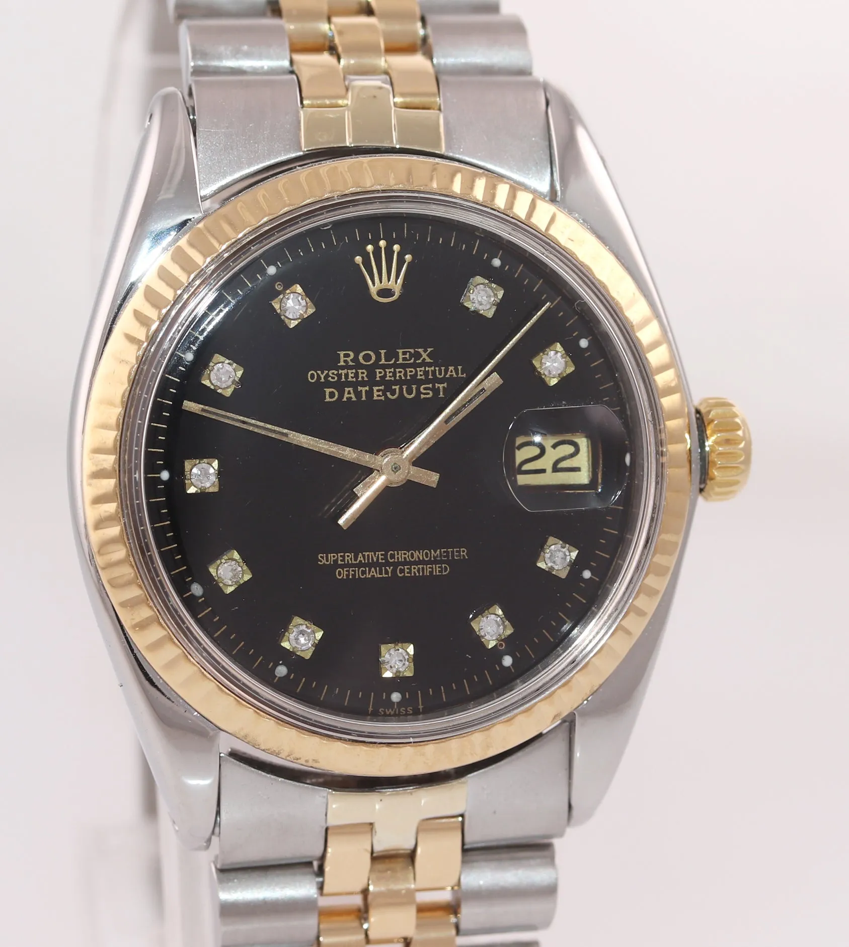Rolex DateJust 1603 Steel Black Diamond Date Fluted 36mm Two Tone Gold Watch Box