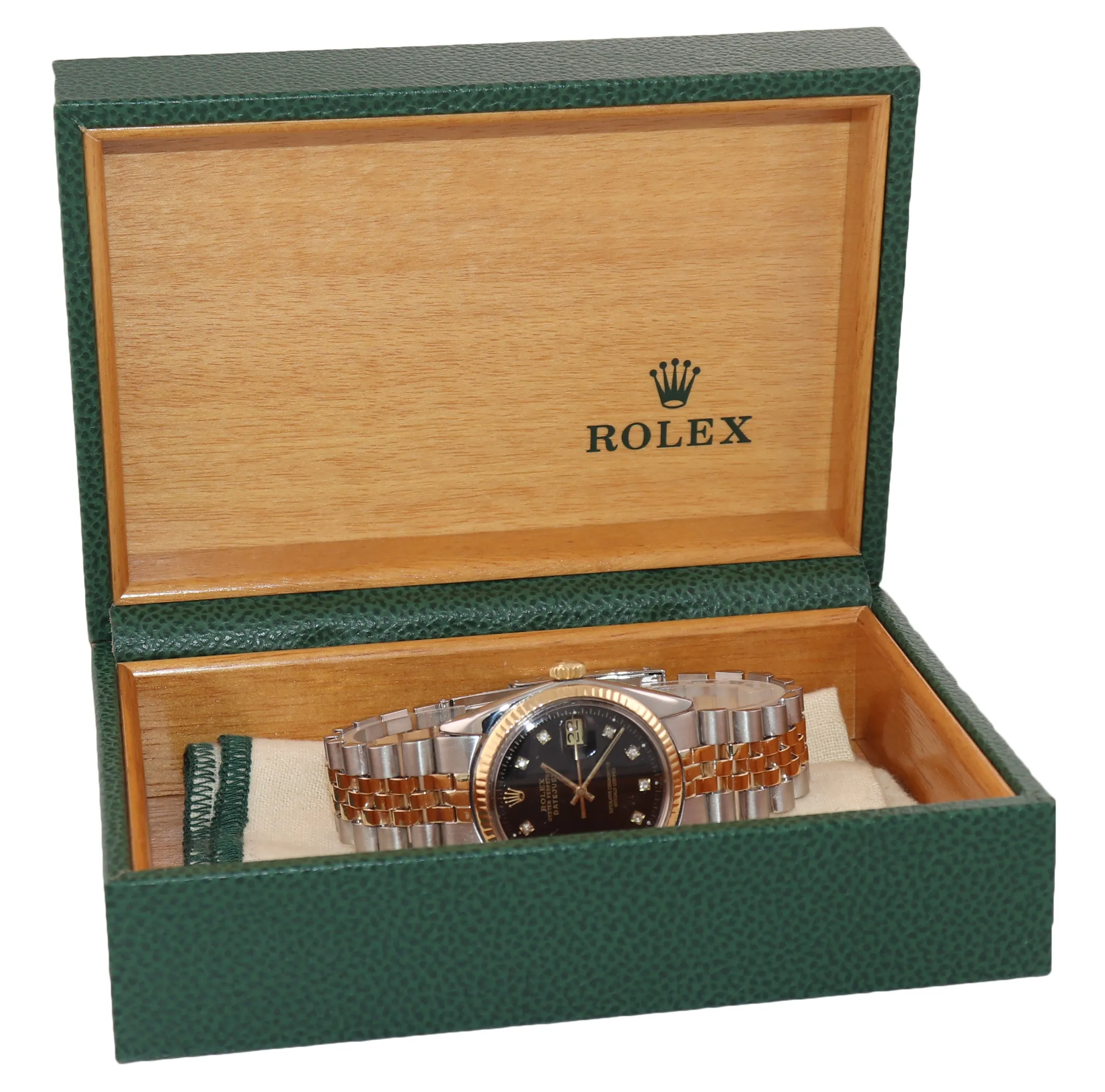 Rolex DateJust 1603 Steel Black Diamond Date Fluted 36mm Two Tone Gold Watch Box