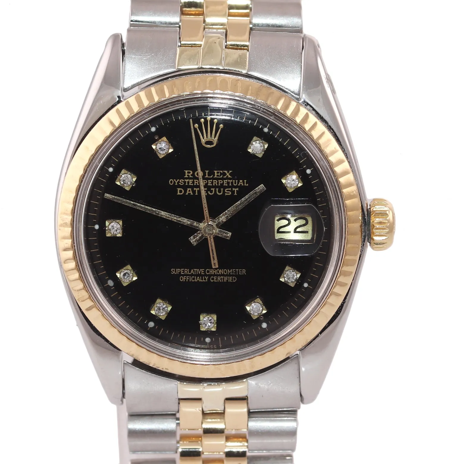 Rolex DateJust 1603 Steel Black Diamond Date Fluted 36mm Two Tone Gold Watch Box