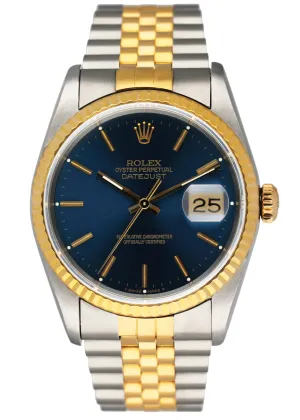 Rolex Datejust 16233 Blue Dial Mens Watch Box & Papers