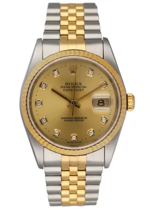 Rolex Datejust 16233 Diamond Dial Mens Watch Box Papers