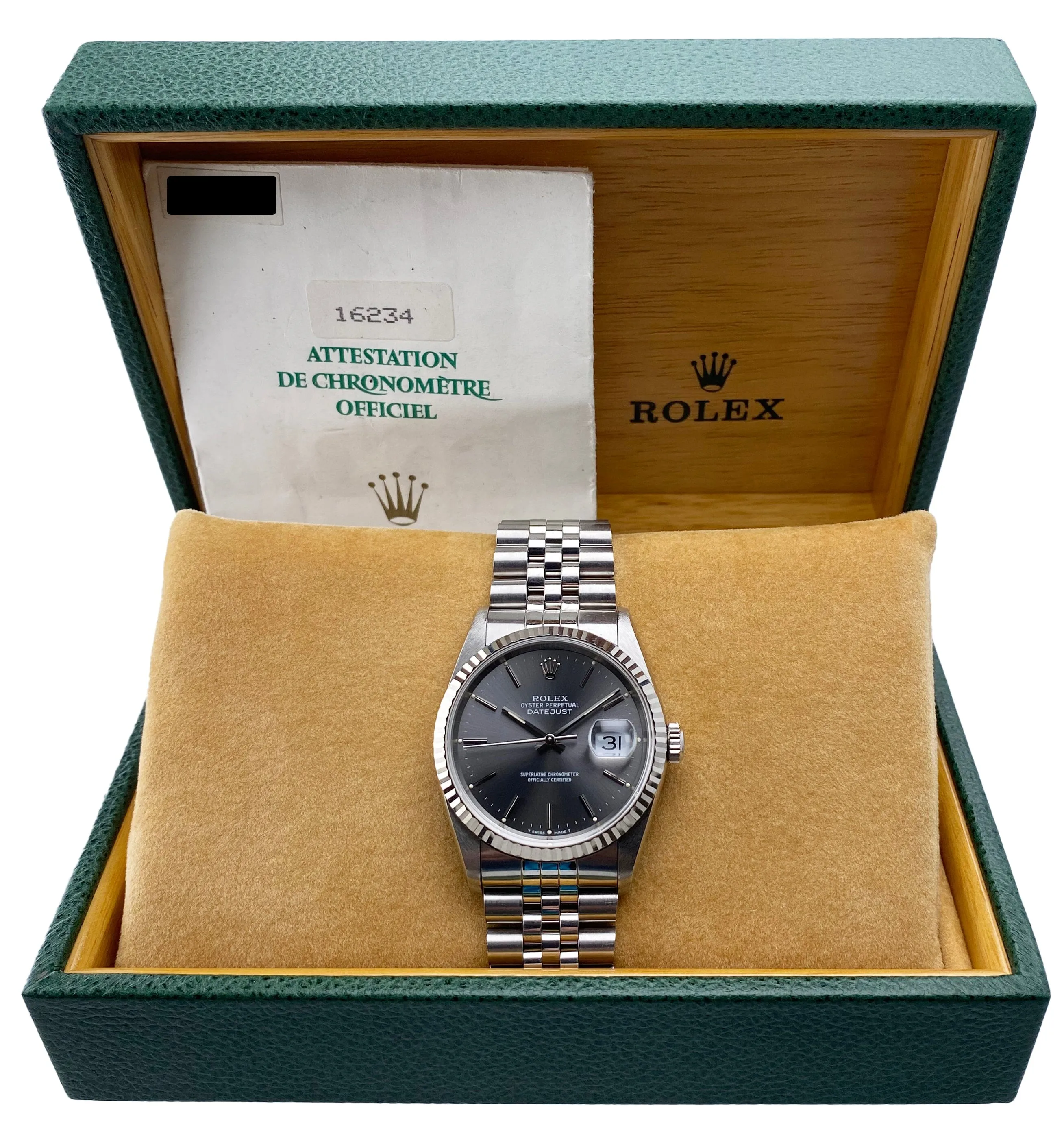 Rolex Datejust 16234 Gray Dial Mens Watch Box Papers