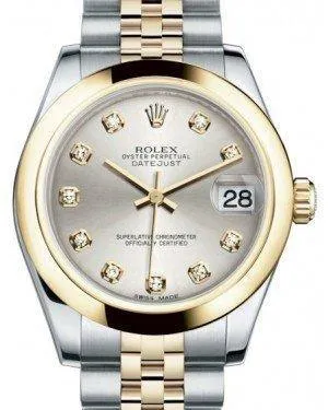 Rolex Datejust 31 Lady Midsize Yellow Gold/Steel Silver Diamond Dial & Smooth Domed Bezel Jubilee Bracelet 178243
