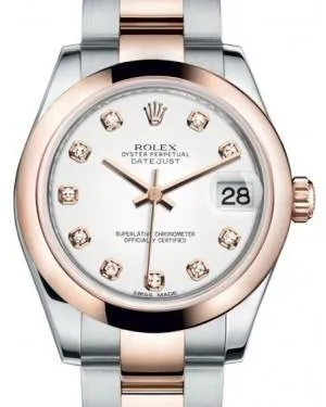 Rolex Datejust 31MM Lady Midsize Rose Gold/Steel White Diamond Dial & Smooth Domed Bezel Oyster Bracelet 178241 - NEW