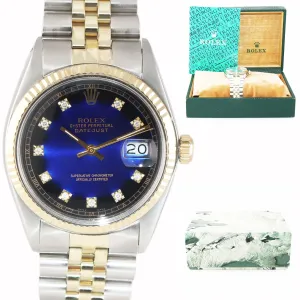 Rolex DateJust 36mm 1601 Two Tone Vignette Blue Black Diamond Dial Jubilee Watch