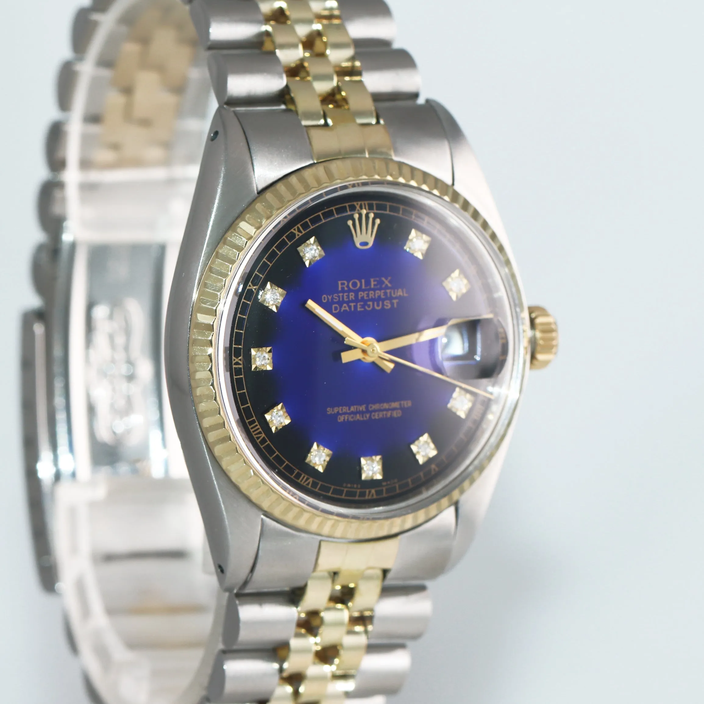 Rolex DateJust 36mm 1601 Two Tone Vignette Blue Black Diamond Dial Jubilee Watch