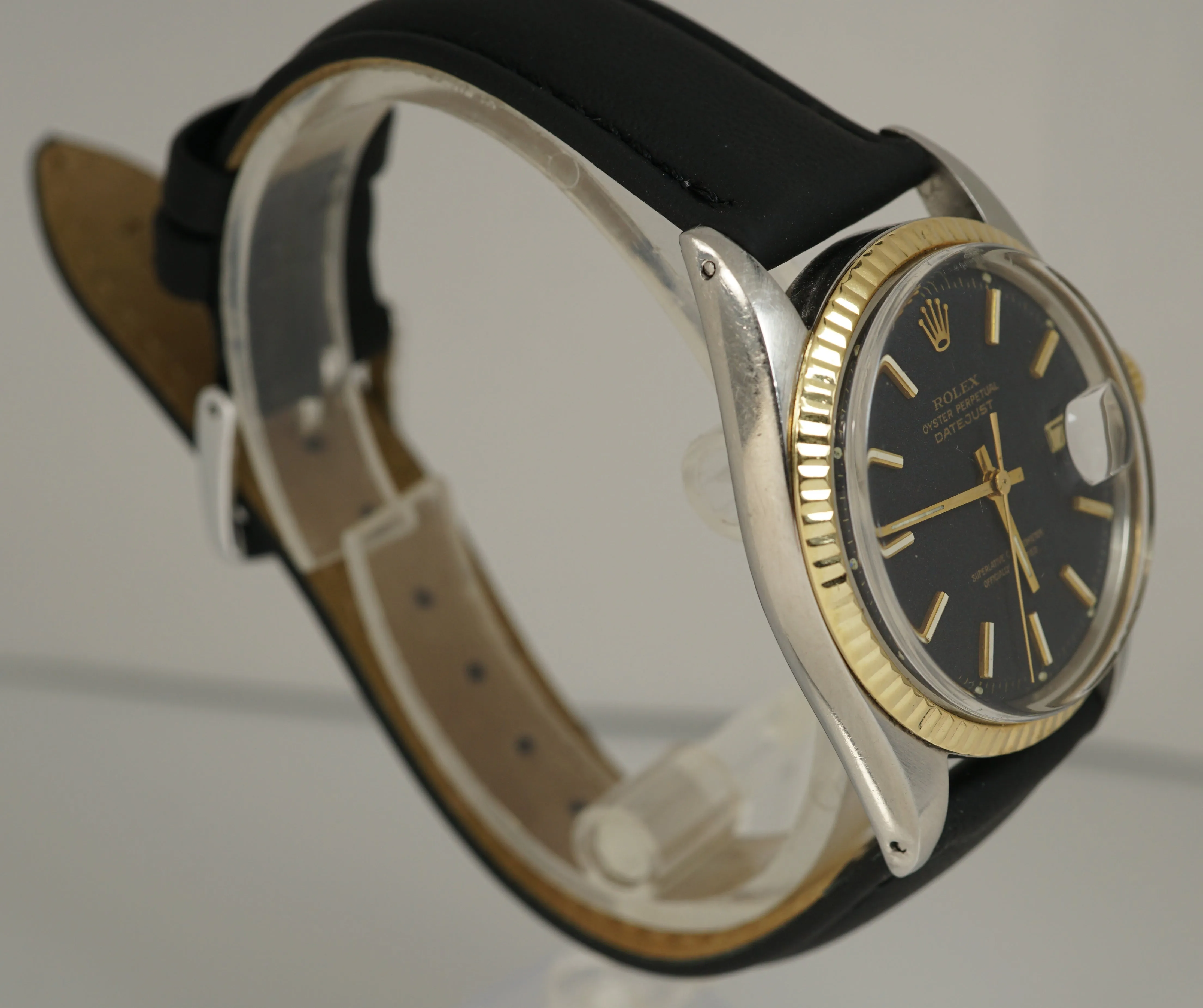 Rolex DateJust 36mm Black 1601 18K Yellow Gold Two Tone Stainless Leather Watch