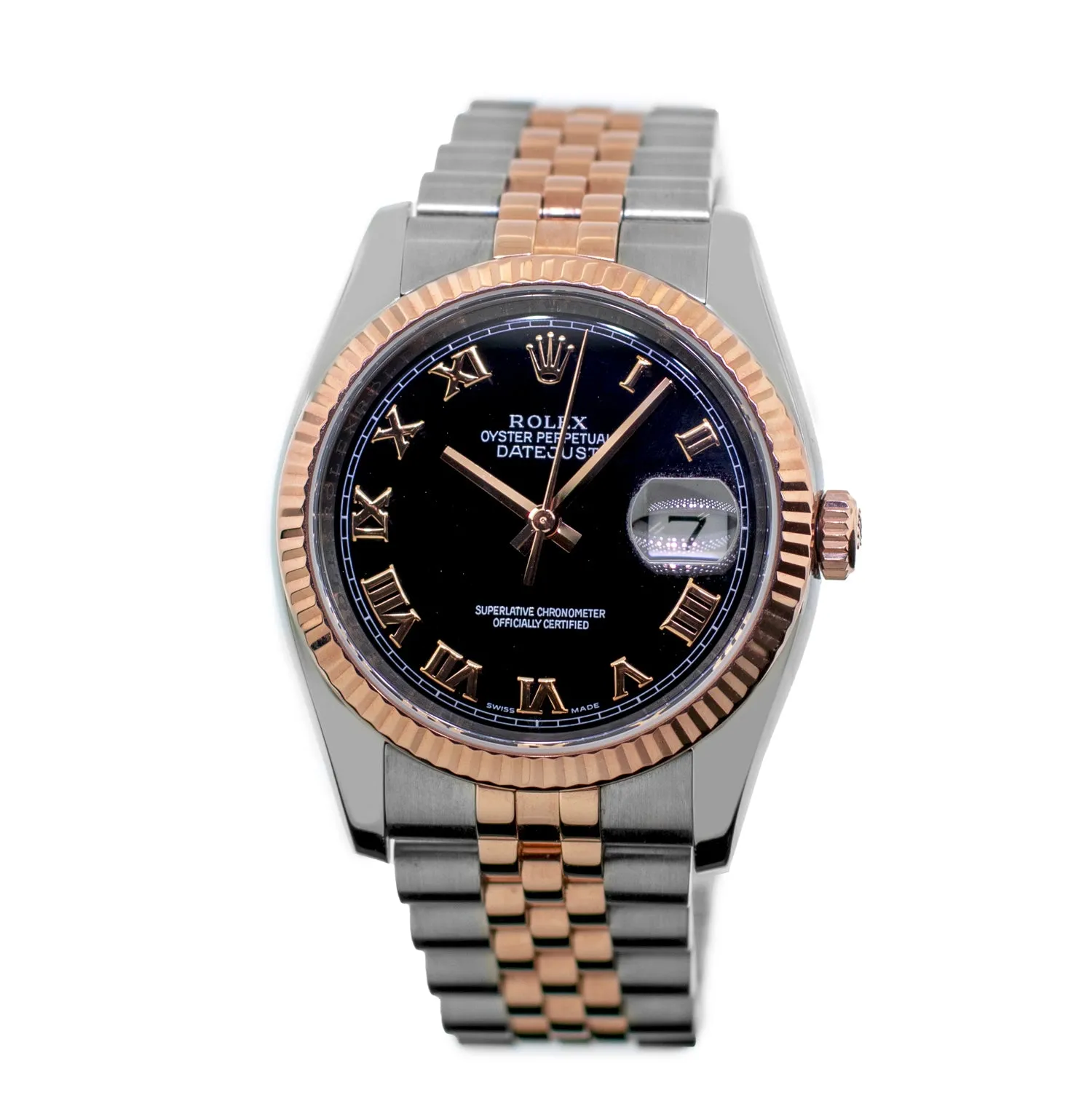 Rolex Datejust 36mm Everose Gold & Steel Black Roman Dial and Fluted Bezel 116231