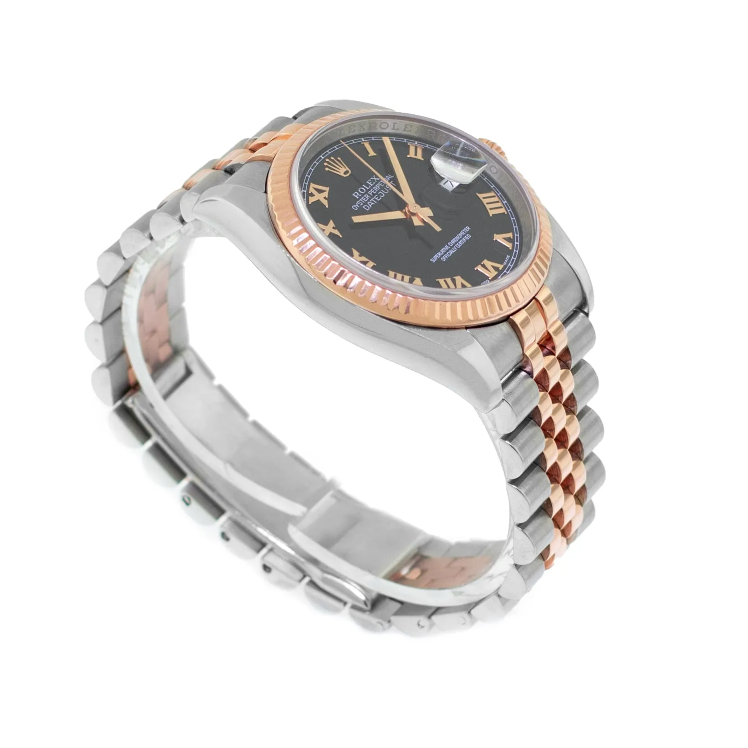 Rolex Datejust 36mm Everose Gold & Steel Black Roman Dial and Fluted Bezel 116231