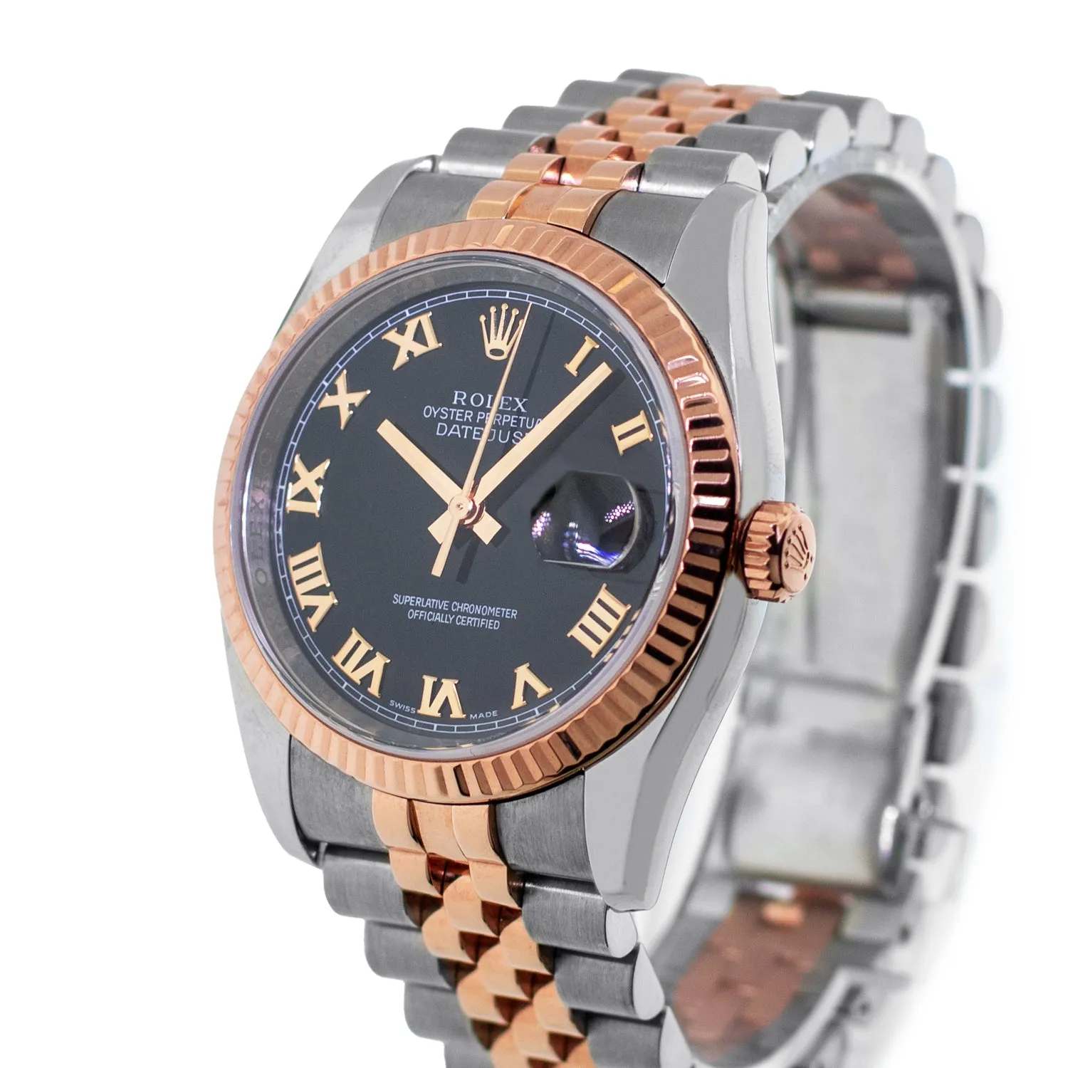 Rolex Datejust 36mm Everose Gold & Steel Black Roman Dial and Fluted Bezel 116231