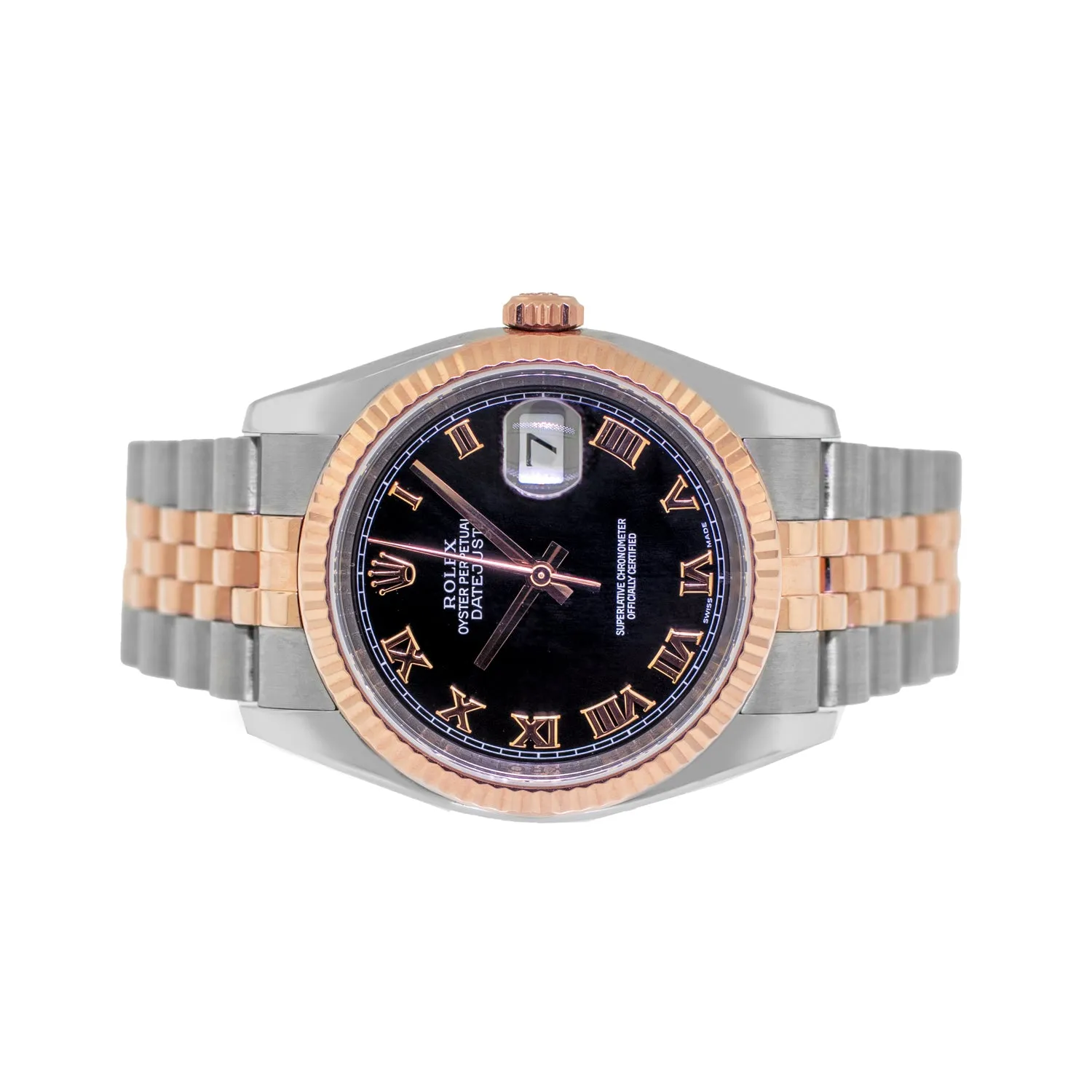Rolex Datejust 36mm Everose Gold & Steel Black Roman Dial and Fluted Bezel 116231