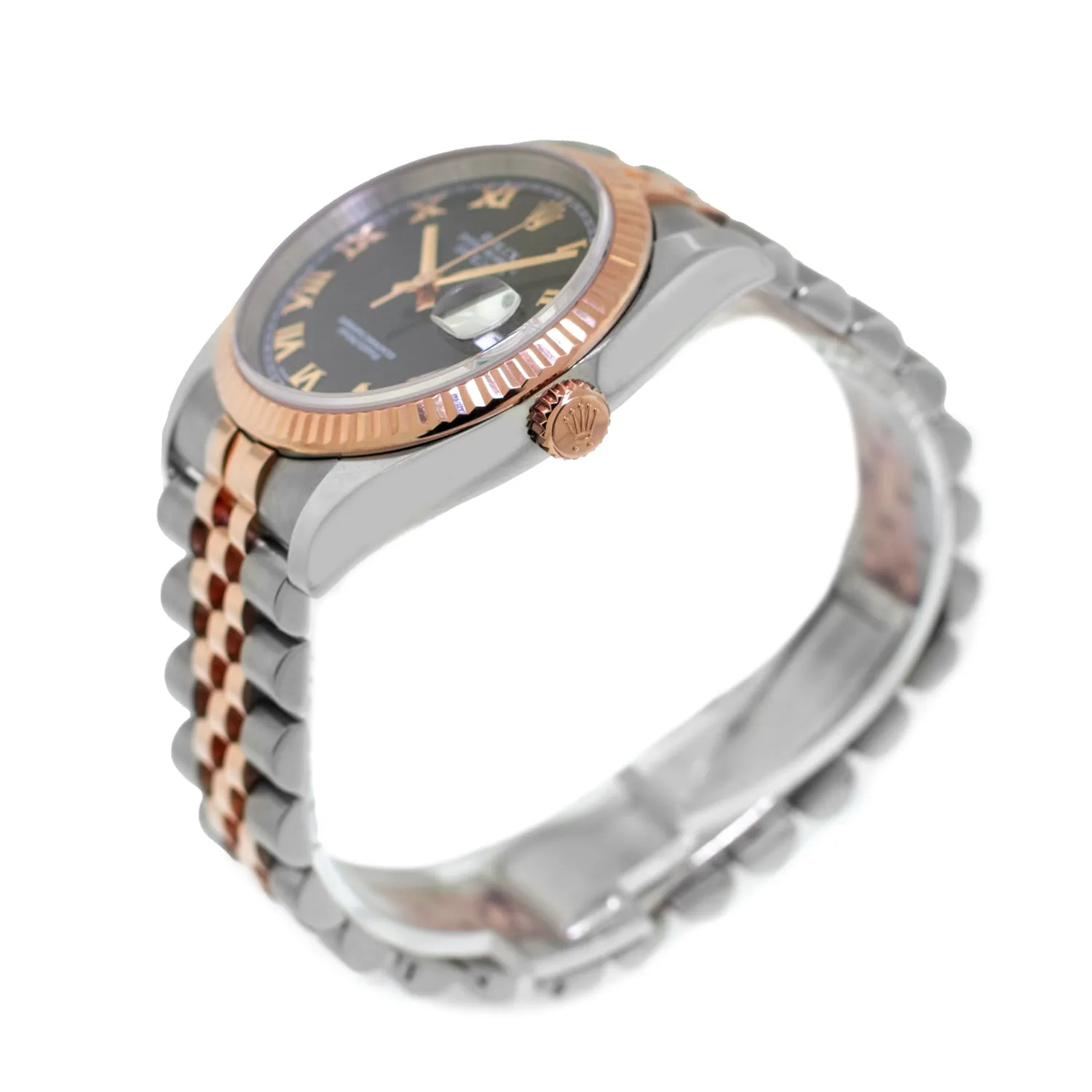 Rolex Datejust 36mm Everose Gold & Steel Black Roman Dial and Fluted Bezel 116231