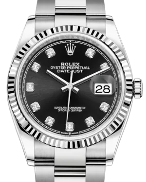 Rolex Datejust 36MM White Gold/Steel Black Diamond Dial & Fluted Bezel Oyster Bracelet 126234 - NEW