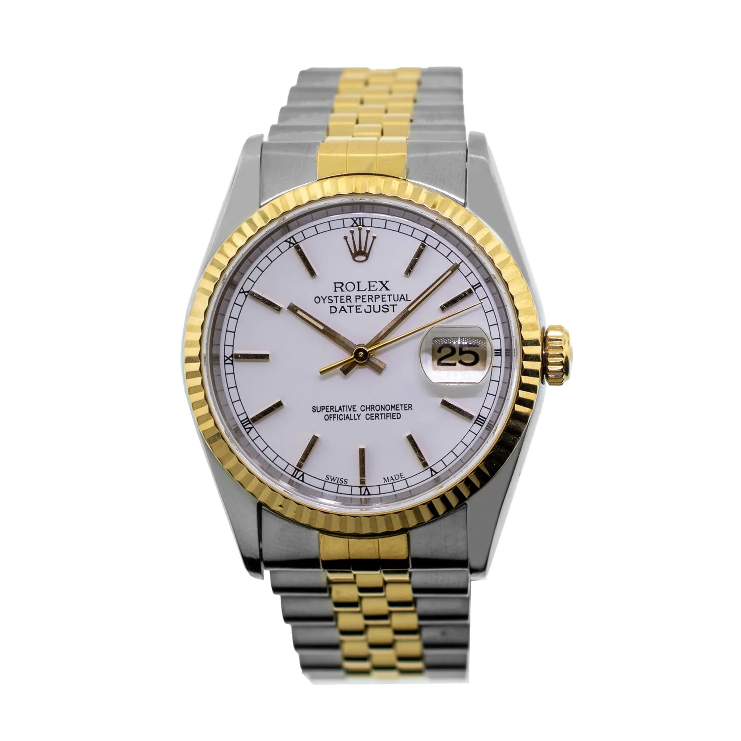 Rolex Datejust 36mm Yellow Gold & Steel White Index Dial & Fluted Bezel 16233