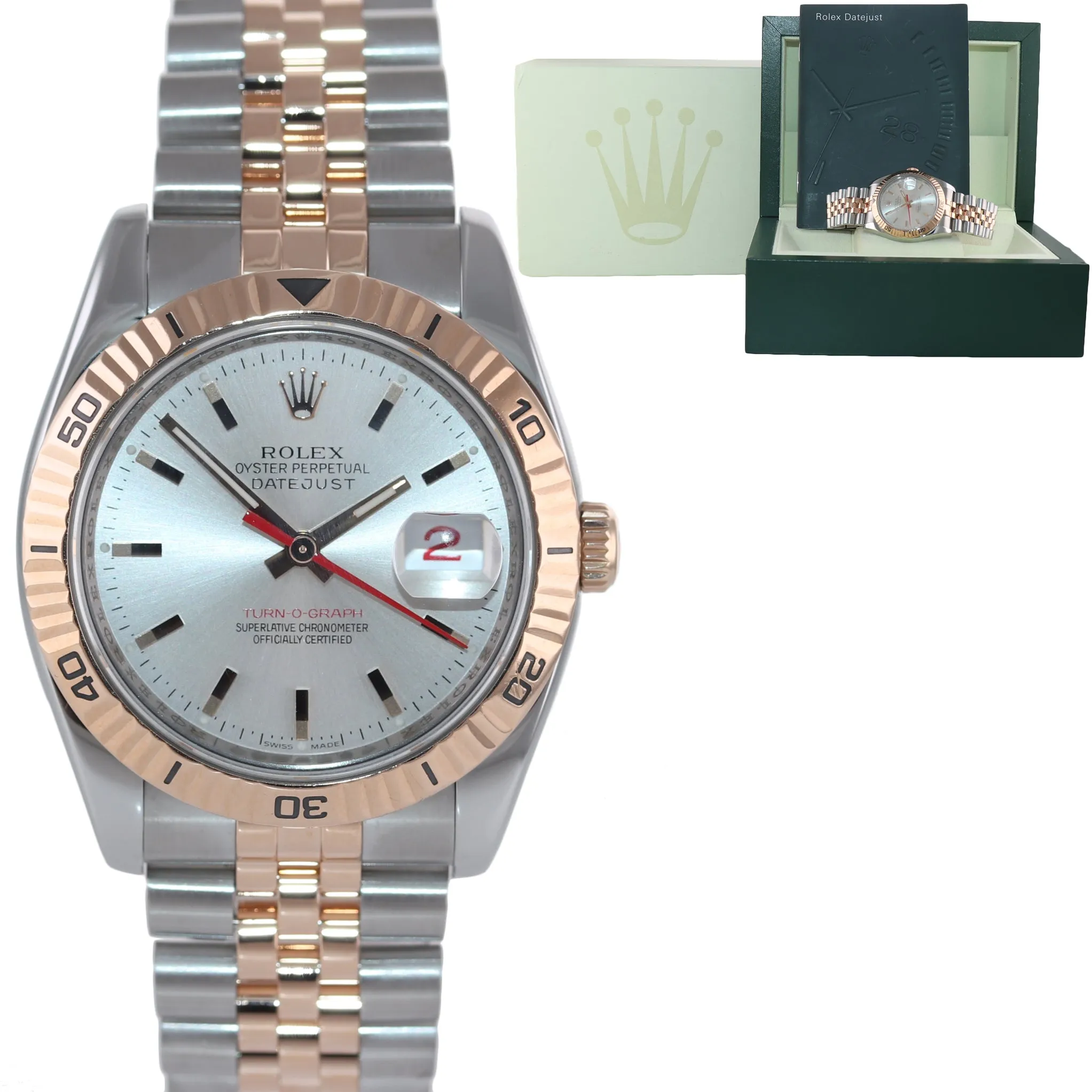 Rolex DateJust Turn-O-Graph 116261 Rose Gold Two Tone Silver 36mm Jubilee Watch
