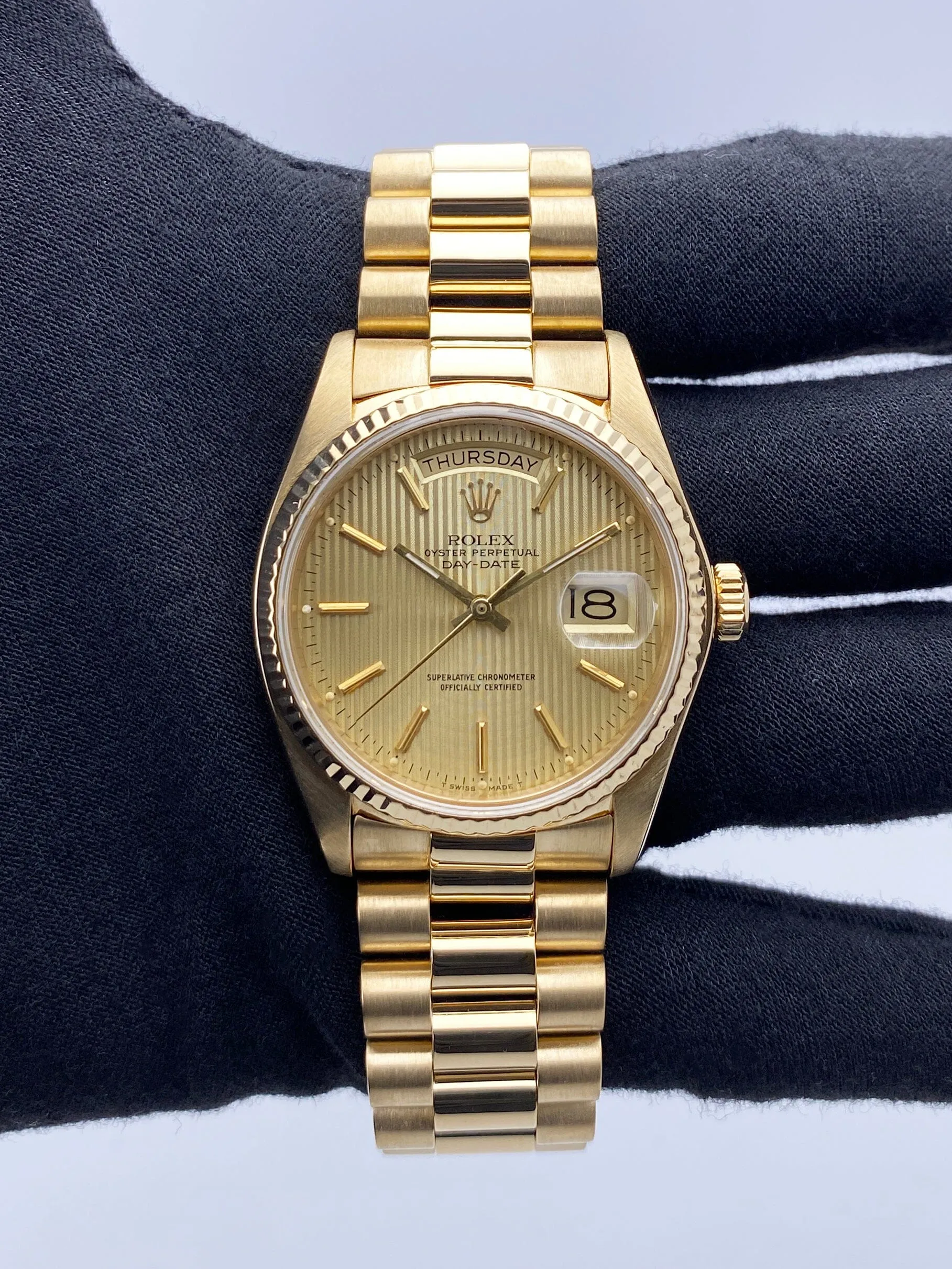 Rolex Day Date 18038 Champagne Tapestry Dial Mens Watch Box Papers
