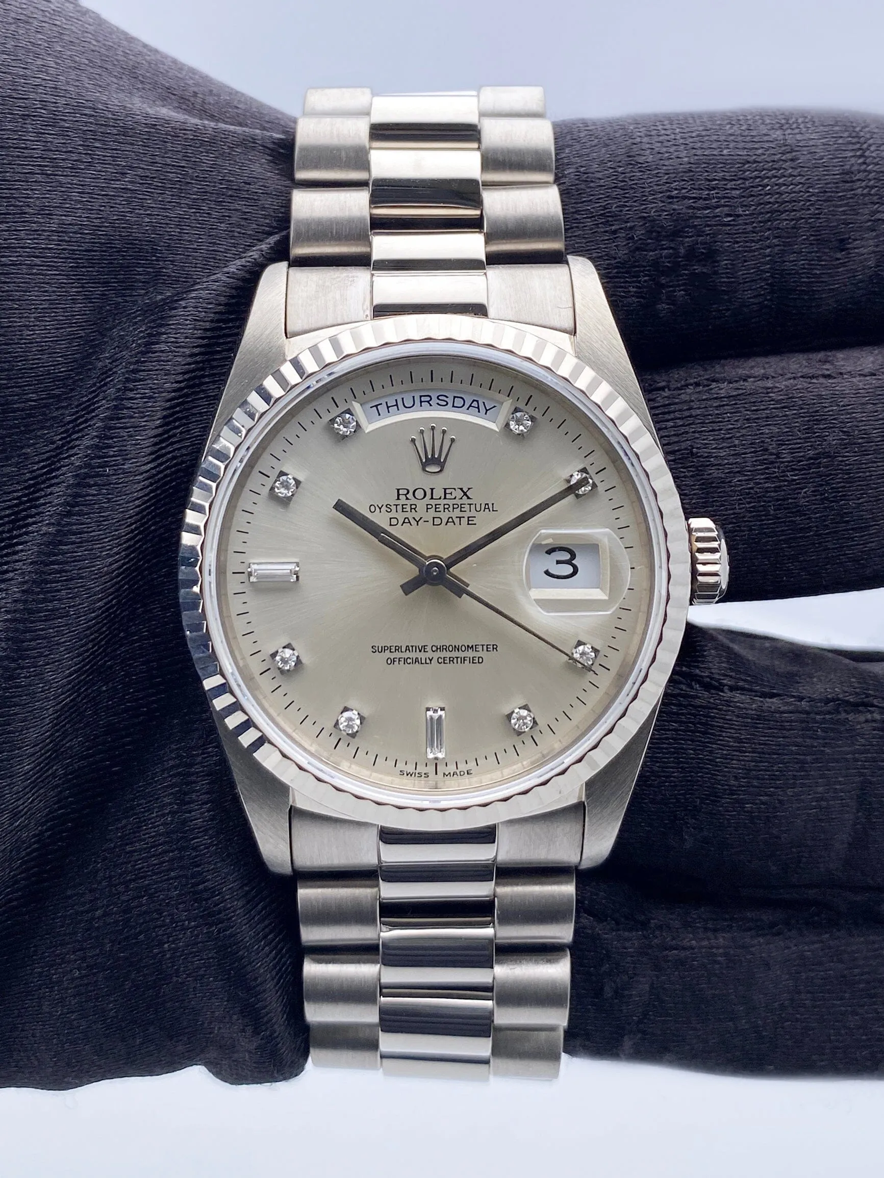 Rolex Day Date 18239 President 18K White Gold Diamond Dial Mens Watch