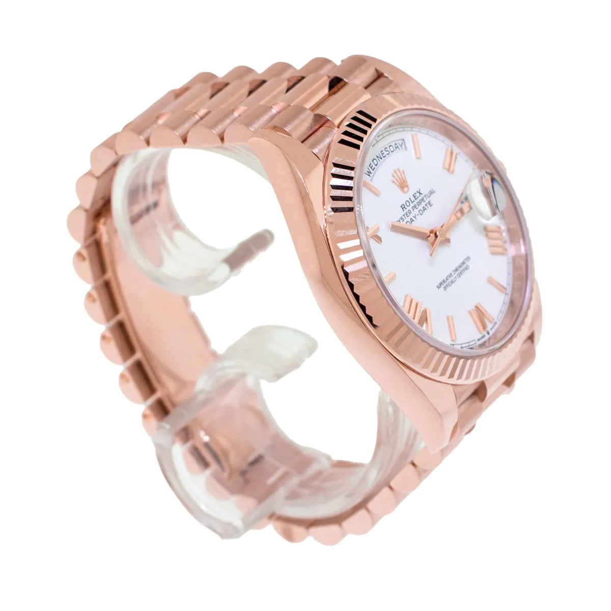 Rolex Day-Date 40mm Everose Gold White Roman Dial Fluted Bezel 228235
