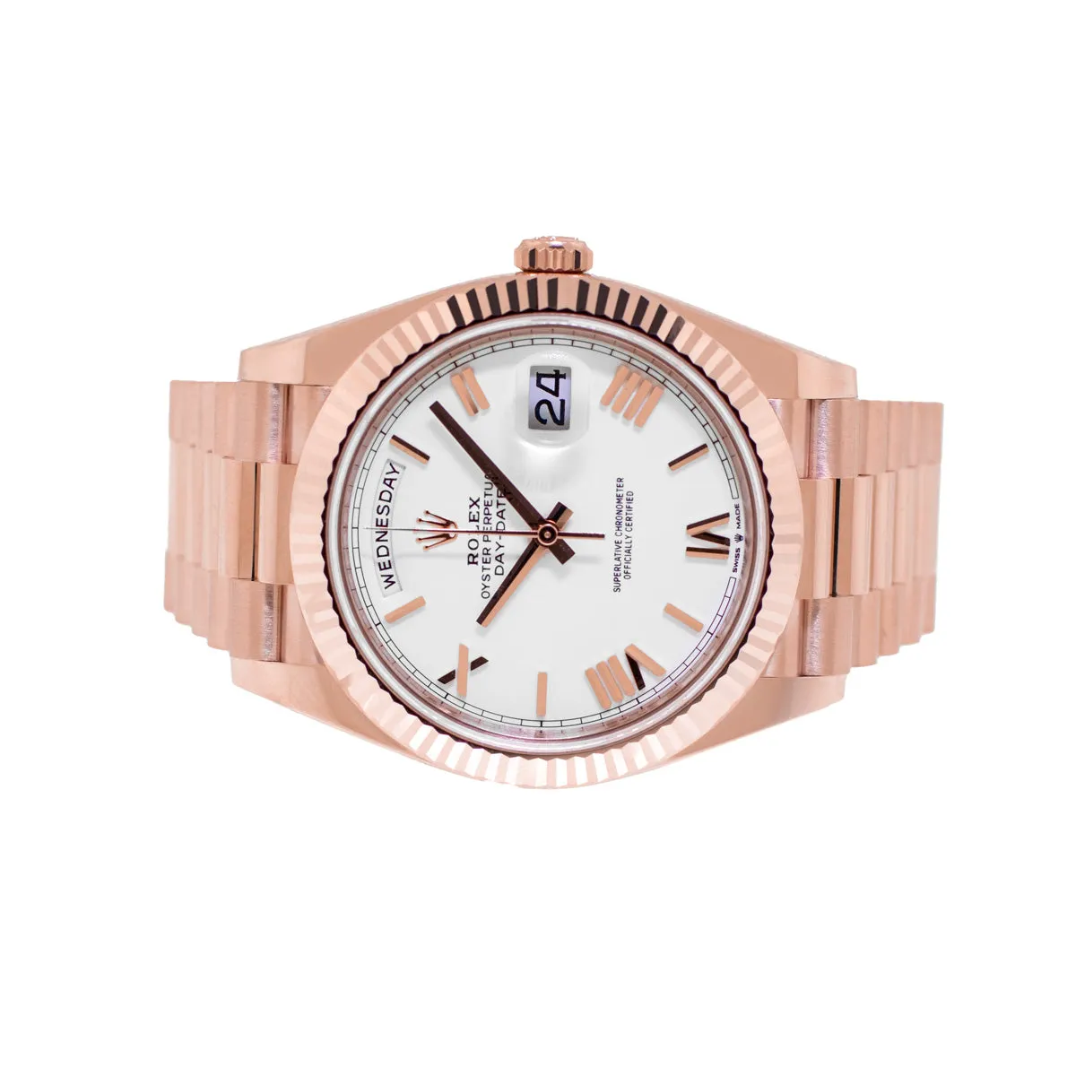 Rolex Day-Date 40mm Everose Gold White Roman Dial Fluted Bezel 228235