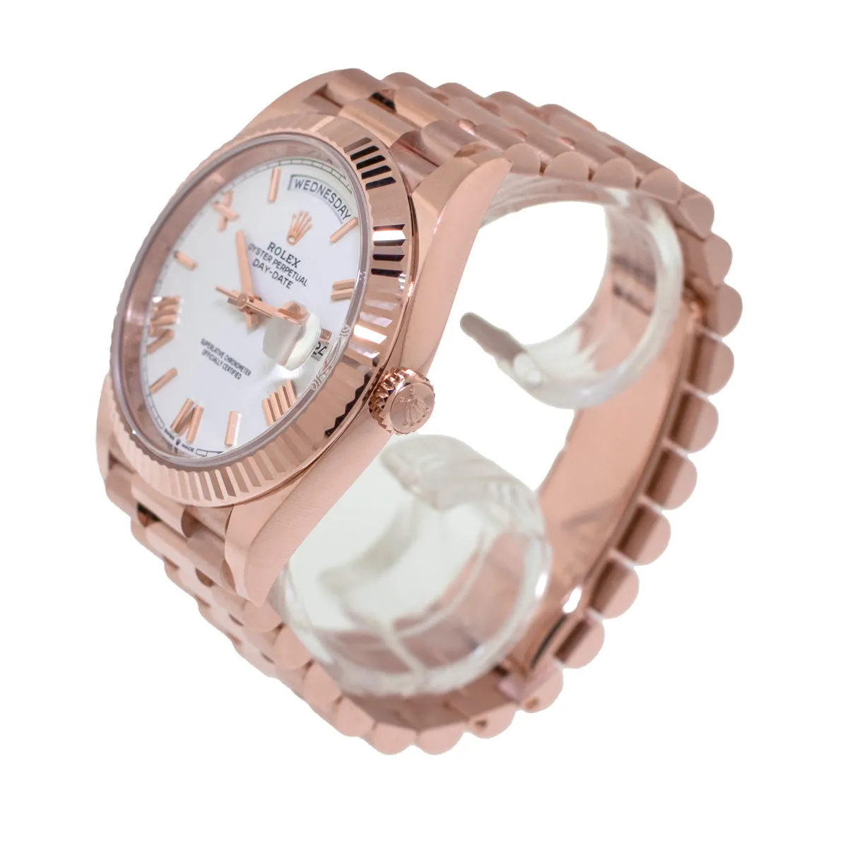 Rolex Day-Date 40mm Everose Gold White Roman Dial Fluted Bezel 228235