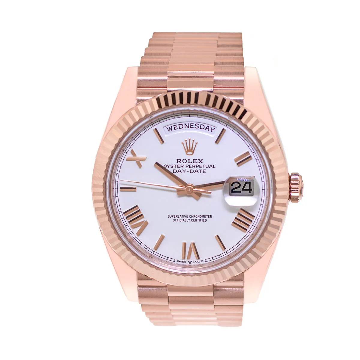 Rolex Day-Date 40mm Everose Gold White Roman Dial Fluted Bezel 228235