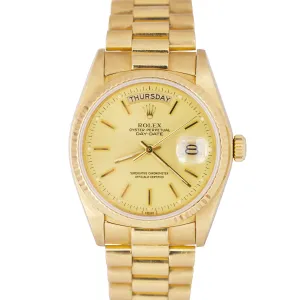 Rolex Day-Date President 18038 Champagne Stick 36mm 18K Yellow Gold Watch