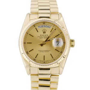 Rolex Day-Date President 18038 Champagne Stick 36mm 18K Yellow Gold Watch
