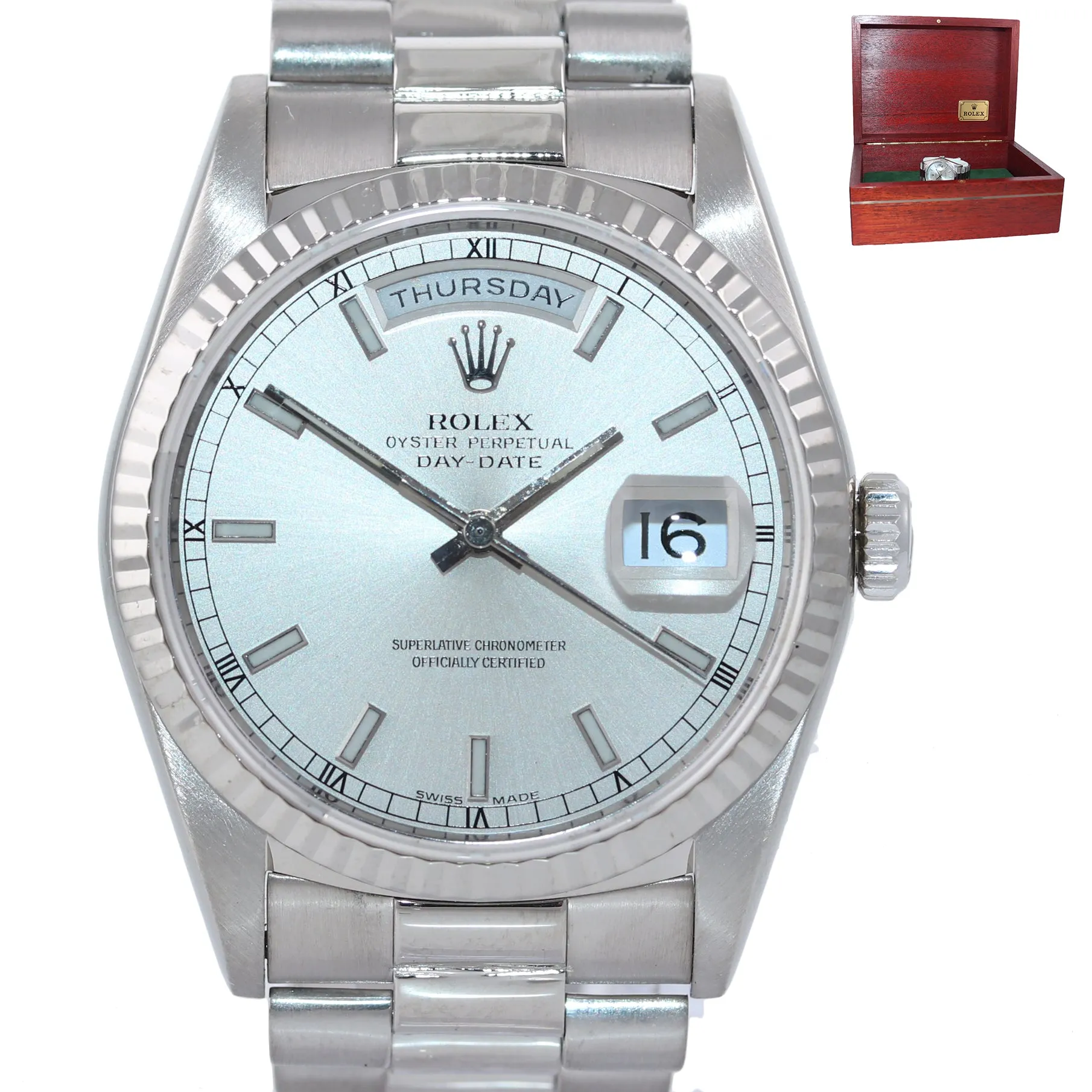 Rolex Day-Date President 18239 18K White Gold double quickset 36mm Silver Watch