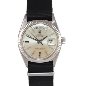 Rolex Day-Date President Silver Stick 36mm 1803 White Gold Leather Watch