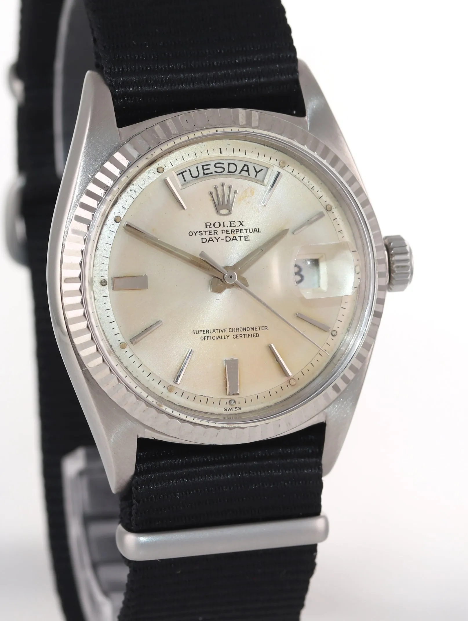 Rolex Day-Date President Silver Stick 36mm 1803 White Gold Leather Watch
