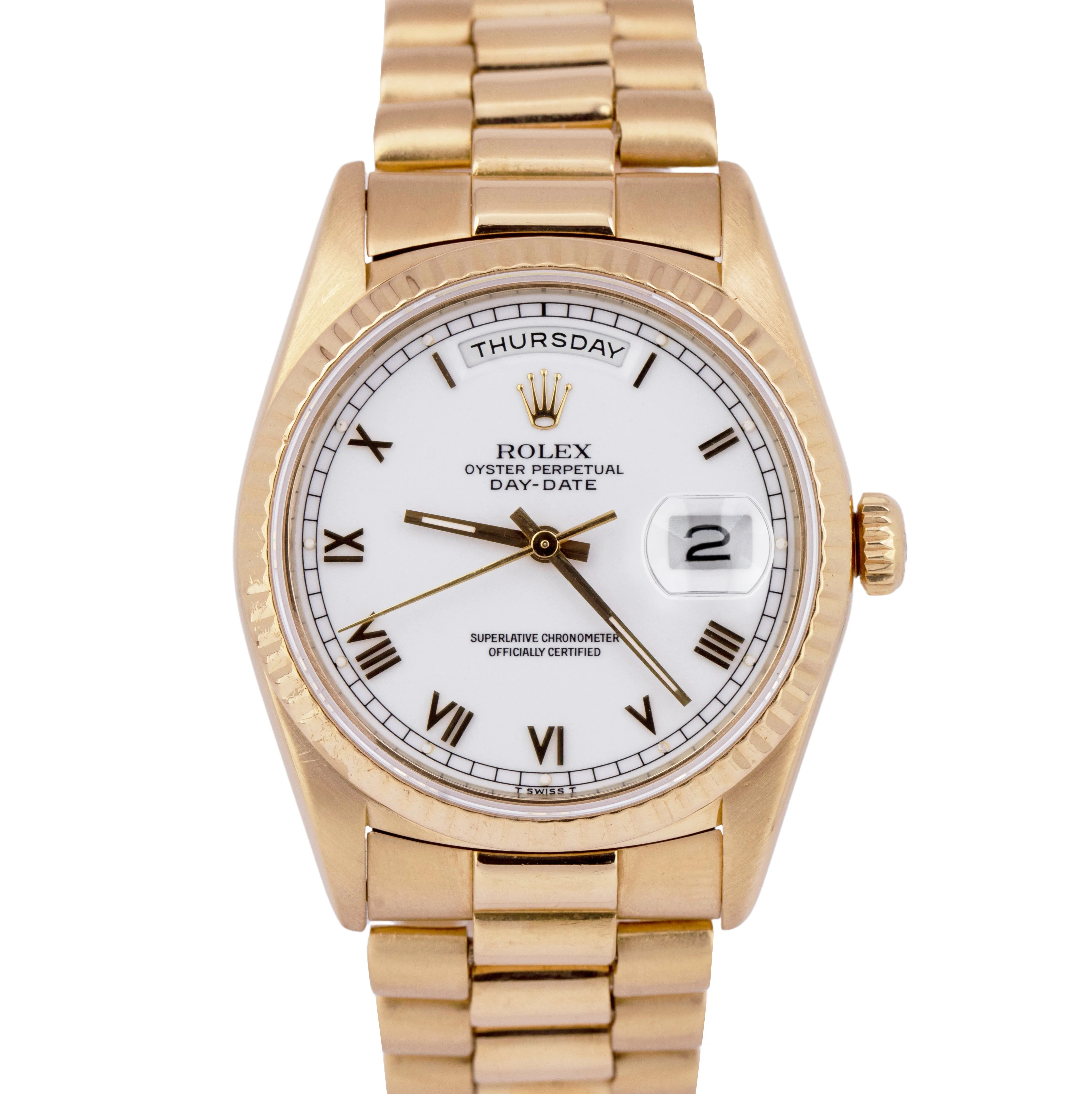 Rolex Day-Date President White Roman 18K Yellow Gold 36mm Fluted Watch 18238