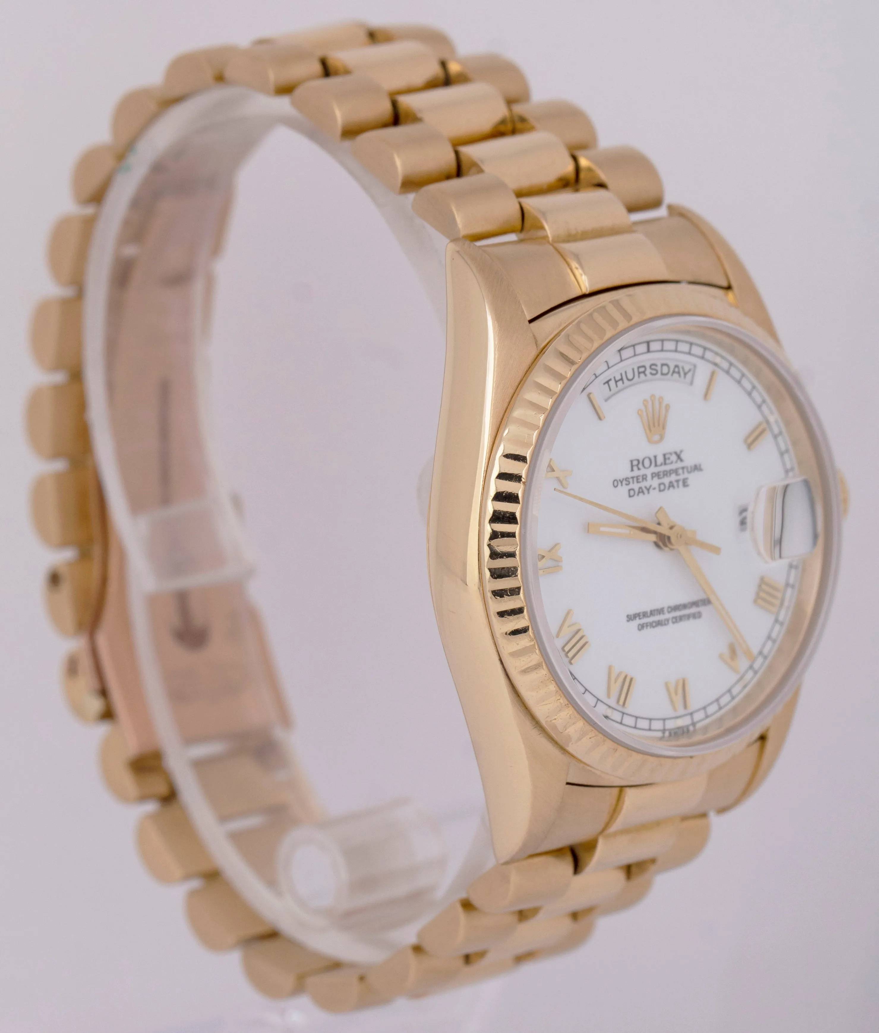 Rolex Day-Date President White Roman 18K Yellow Gold 36mm Fluted Watch 18238