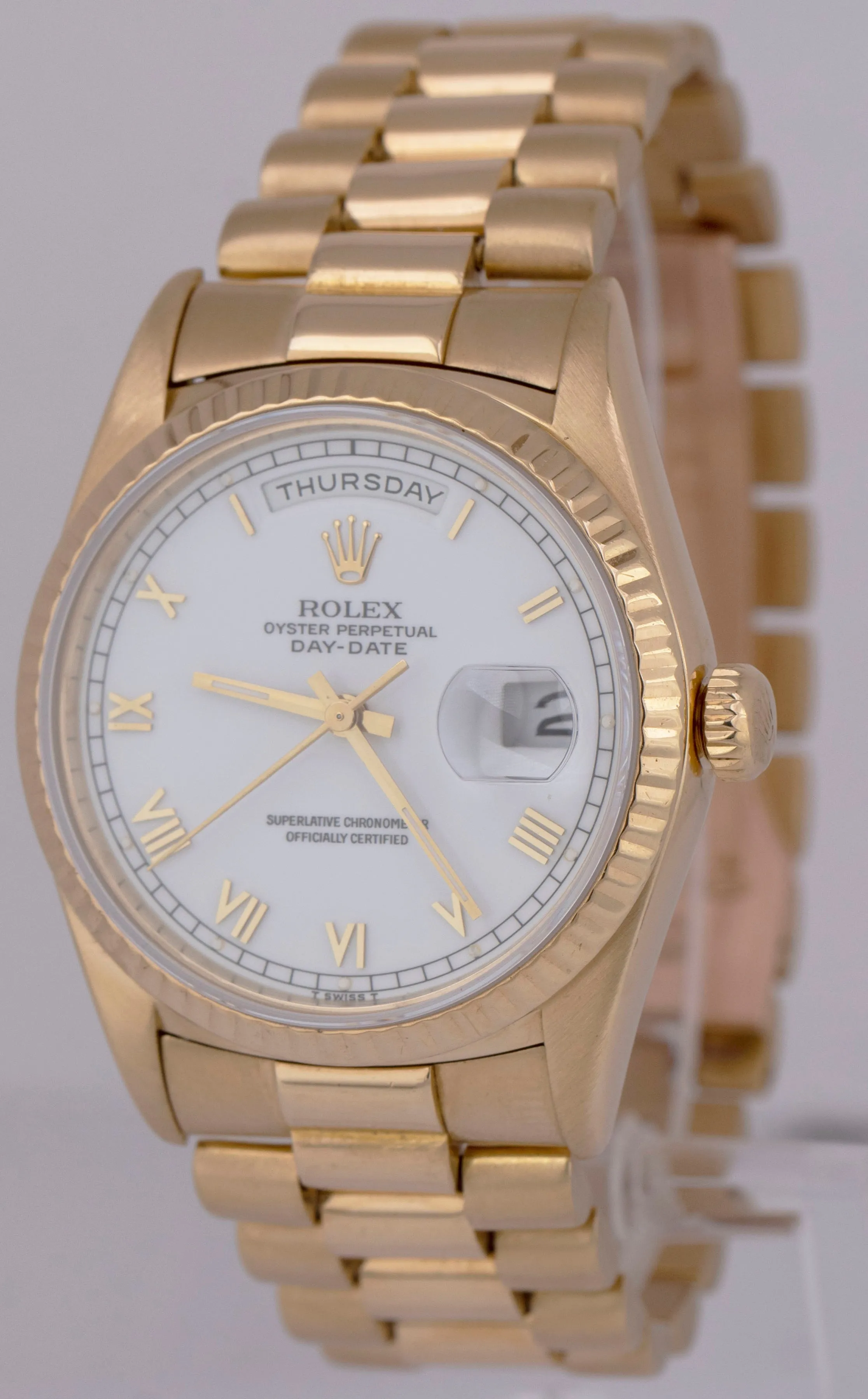 Rolex Day-Date President White Roman 18K Yellow Gold 36mm Fluted Watch 18238