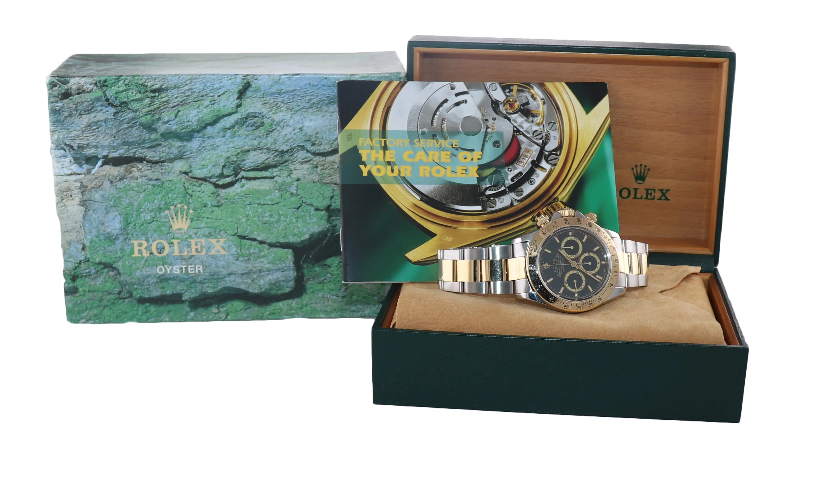 Rolex Daytona 16523 Black Dial Zenith 18k Gold Steel Two Tone Chrono Watch Box