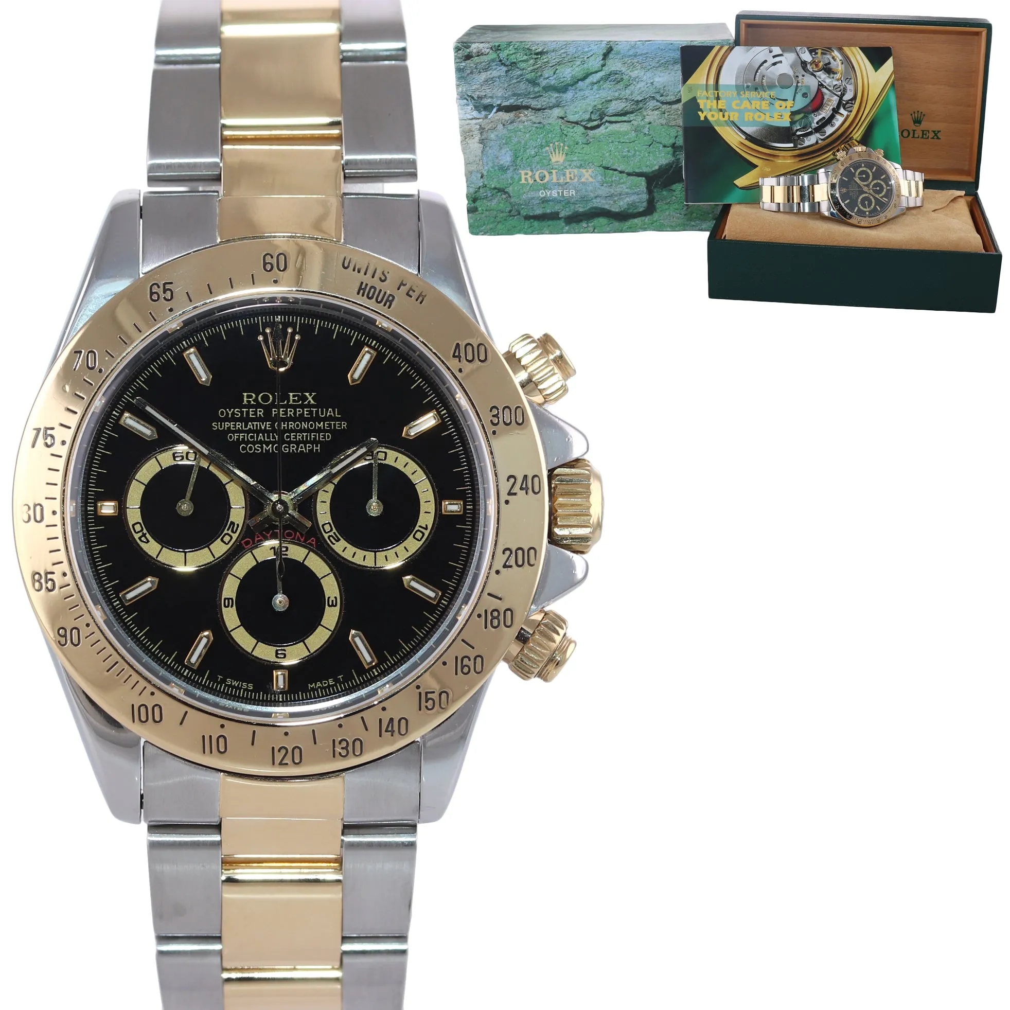 Rolex Daytona 16523 Black Dial Zenith 18k Gold Steel Two Tone Chrono Watch Box