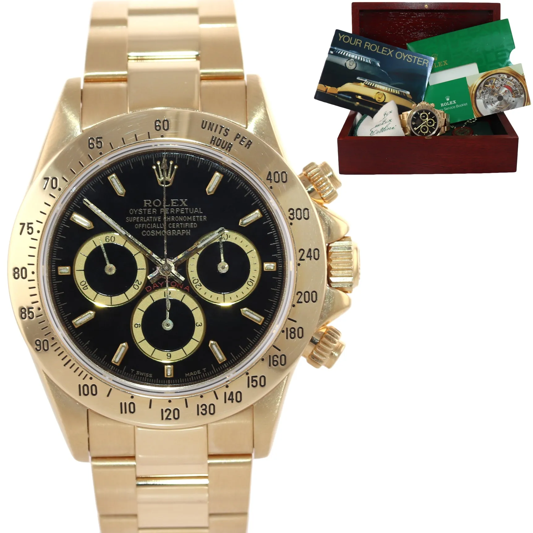 Rolex Daytona 16528 Zenith Black Inverted 6 Yellow Gold W Serial Watch Box